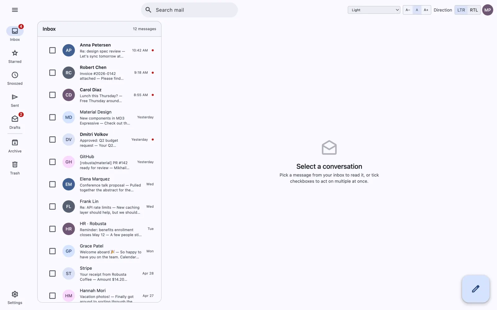 An email client: list-detail layout with a search app bar, multi-select inbox, and message view.