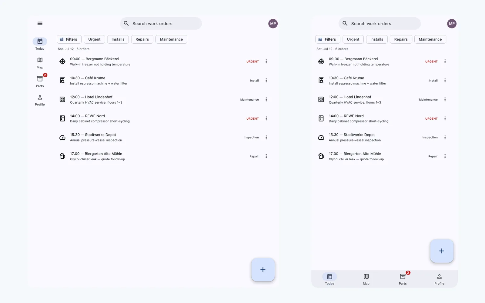 The same field-service work-order screen at two widths: a navigation rail at medium width on the left, a bottom navigation bar at phone width on the right.